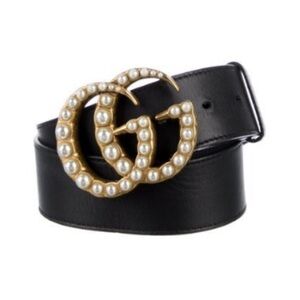 Gucci Black Belt with Gold Pearl-Studded Buckle